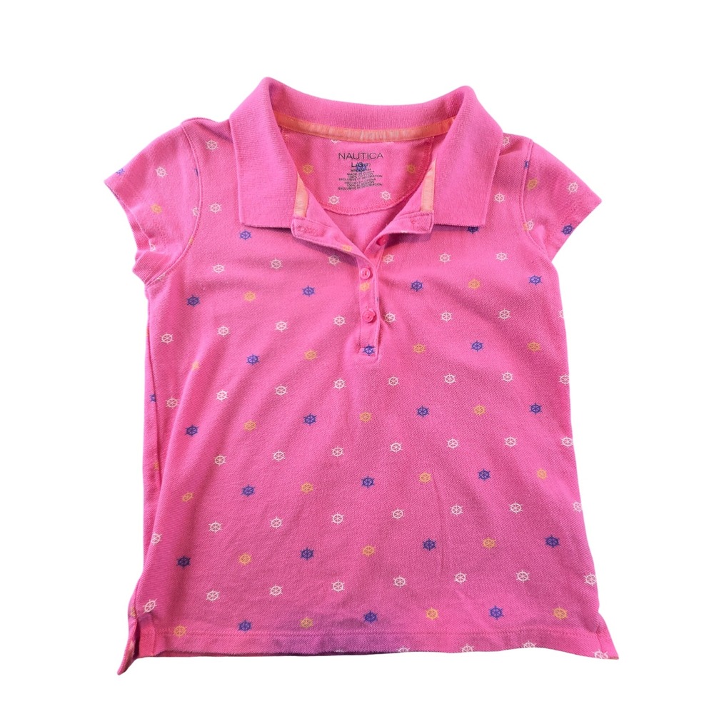 Nautica Girls Pink Nautical Ship Wheel Print Polo Shirt Size L 7 Short Sleeve